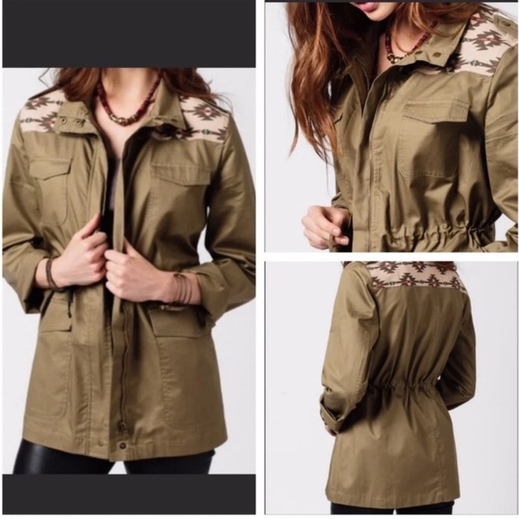 Earthbound Trading Khaki Green Utility Jacket Western Aztec Southwest Print Sz S - Picture 1 of 16